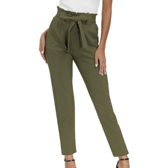 Brandy Blu Olive Green High-Waisted Belted Trousers Size Medium - Picture 2 of 8